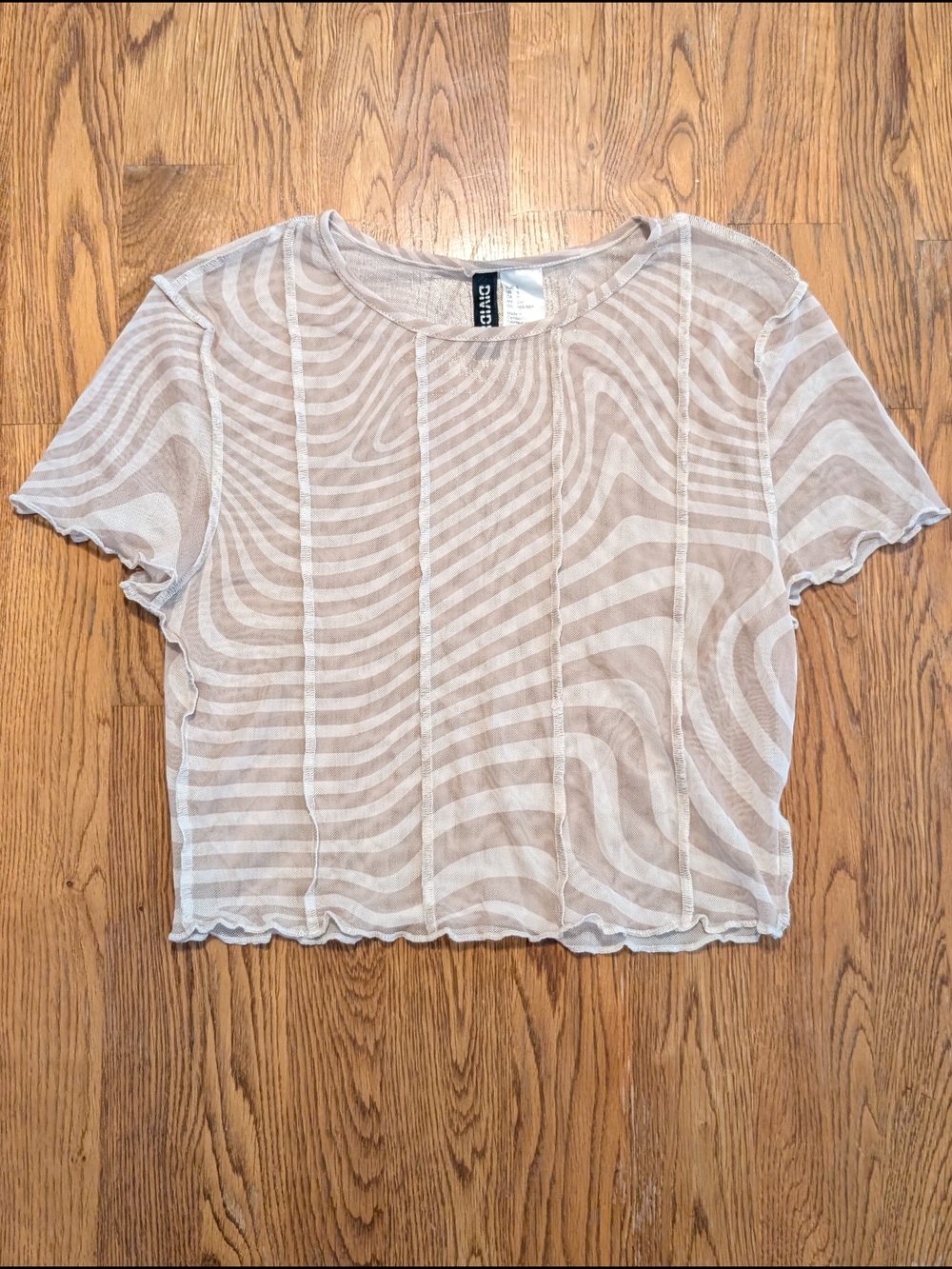 H&M Divided Beige Tan Wavy Pattern Sheer Mesh Short Sleeve Crop Top